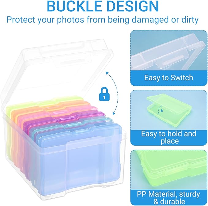 COSICS Photo Storage Box 5" x 7", Extra Large Transparent Plastic Photo Organizer Craft Keeper with 6 Colorful Inner Case for Cards, Pictures, Stamps, Stickers, Seeds, Office Supplies