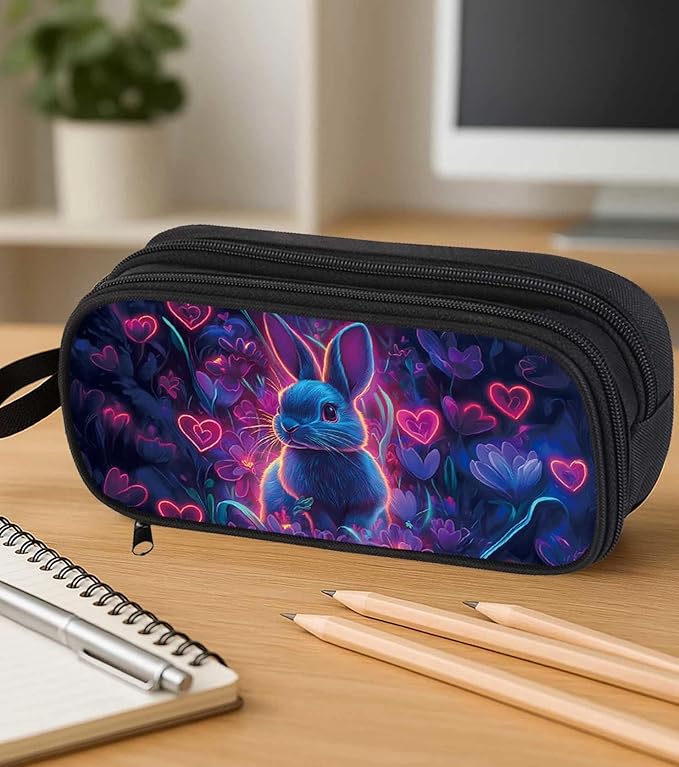 AnySmic Bunny Pencil Case for Boys Girls, Large Durable Pencil Pouch for Kids, Big Capacity Pen Case with 2 Compartments, Double Zipper, Pen Bag Organizer for Child Age 6+