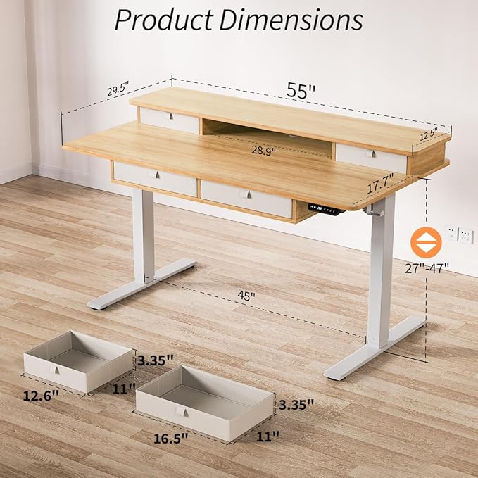Kingant 55 x 30 Inch Electric Standing Desk with 4 Drawers, Adjustable Height Computer Desk for Home Office, Large Workstation Sit Stand Up Desk with Built-in USB A/C Charging Ports, Nature