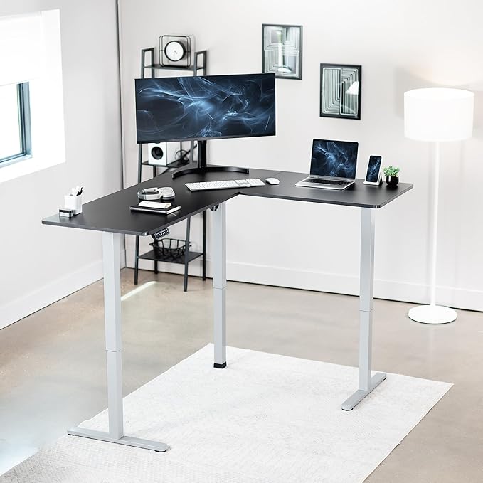 VIVO Electric Corner 63 x 55 inch L-Shaped Standing Desk, Memory Height Adjustment, Black Top Gray Frame, DESK-E3CTGB