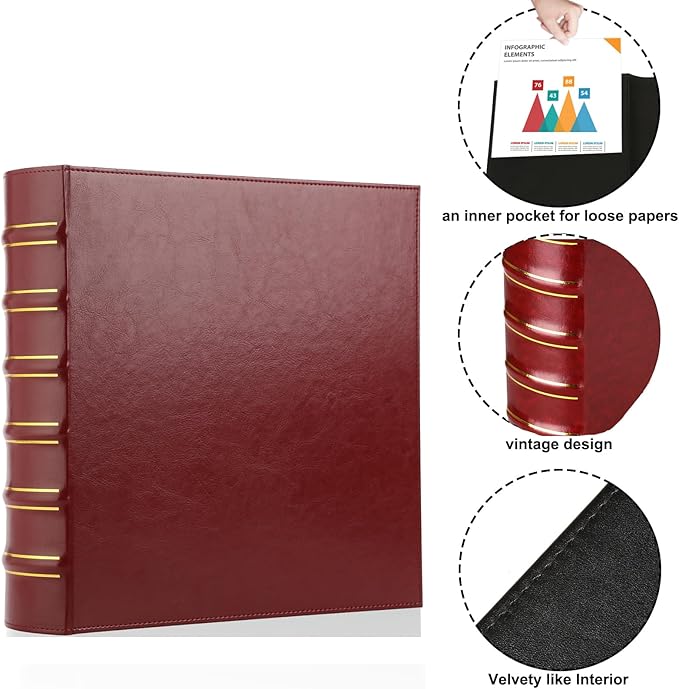 LETVPVOW Vintage Hardback 3 Ring Binder 2 Inch, Professional Leather Binders 2 Inch D Ring, Holds 400 Sheets Capacity 2 Pack - Dark Red