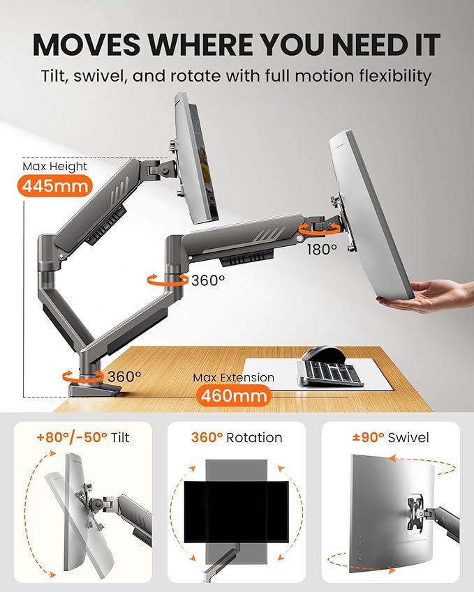 ErGear Dual Monitor Arm, Full Adjustable Monitor Mount for 13–32″ Screens, Fast Install Computer Monitor Stand with Tool-Free VESA Mount, Max Load 19.8 lbs, Max VESA 100x100mm - Grey