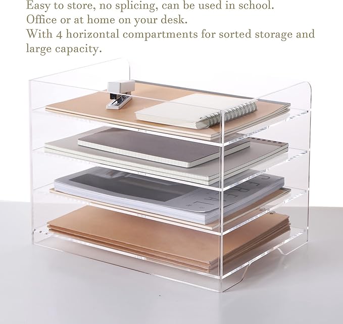 HeZone Acrylic Desk Organizer, 4 Tier Paper Tray, Clear Letter Tray, Office Accessories