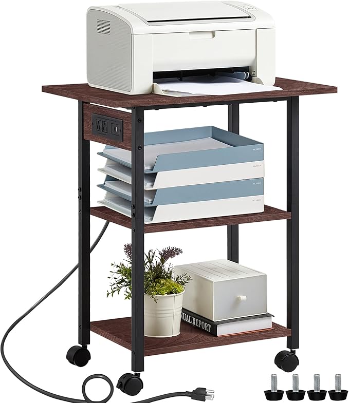Lerliuo 3-Tier Printer Stand with Charging Station, Industrial Mobile Printer Table with Storage Shelf and Steel Frame, Rolling Printer Cart Holder with Lockable Wheels for Home, Office (Walnut)