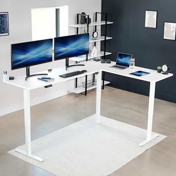 VIVO Electric Corner 84 x 63 inch L-Shaped Standing Desk, Memory Height Adjustment, White Top White Frame, DESK-E3CTWW-84