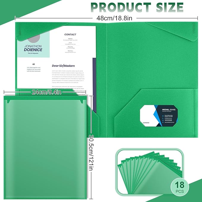 Henoyso 18 Pcs Plastic Folders with Clear Front Pockets Heavy Duty File Folders with 2 Pockets and Card Slot for Student Communication School Office Presentation Report (Green)