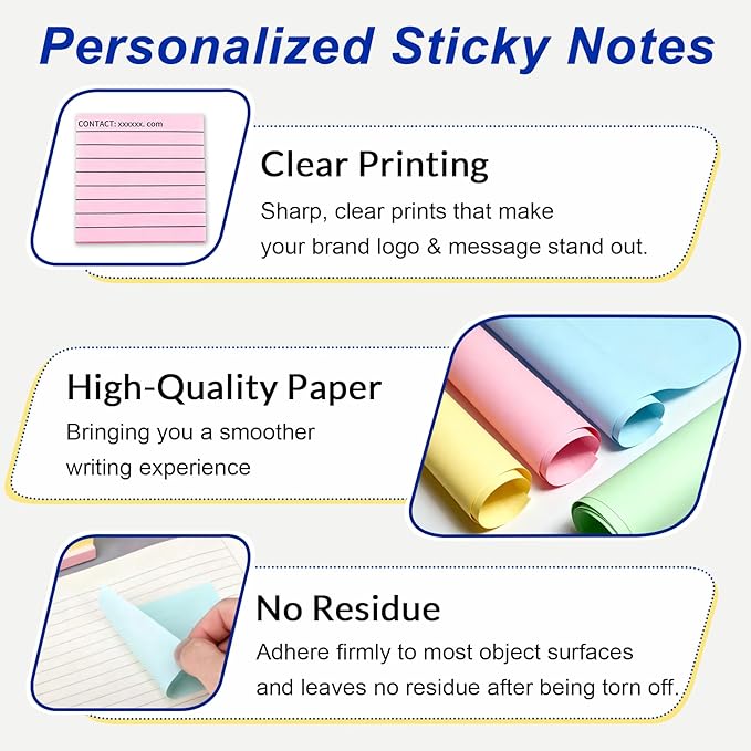 BEXOA EDC Bulk Personalized Sticky Notes 3"x3" - 4 Color Custom Notepads with Your Text, 100 Sheets/Pad, 12 Pack Set for Business Marketing, Office Supplies, Schools