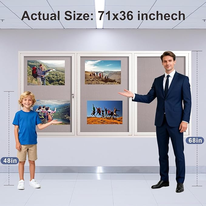 71x36 Inch Lockable Enclosed Bulletin Board, Weather-Resistant Outdoor Noticeboard with 2 Locking Doors, Wall-Mounted Silver Aluminum Frame & Grey Felt Presentation Board