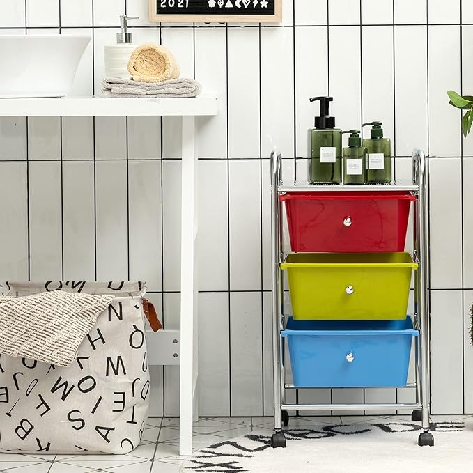 Giantex Rolling Cart with Drawers, Craft Organizer with Wheels, 3 Drawer Storage Container Bins for Back to School Office Scrapbook Paper Tools Red, Green & Blue