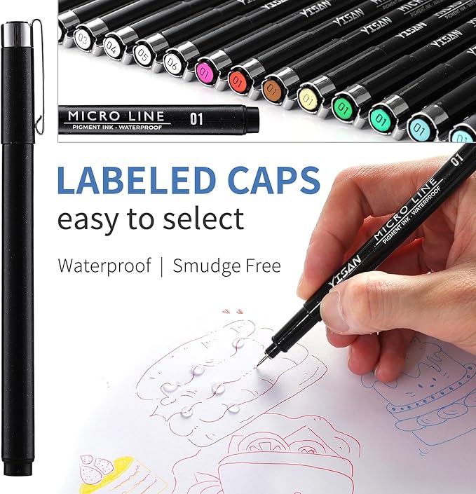 YISAN 18-Pack Colored Drawing Pens for Artists,Fineliner Pens,Micro-line Pens,11 Waterproof Archival Ink Colors Felt Tip & 7 Black,70344