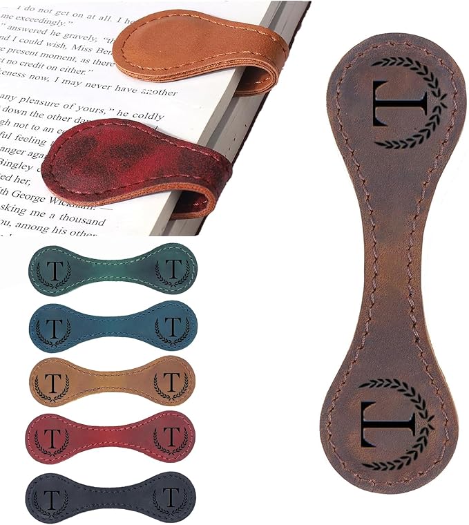 Personalized Magnetic Leather Bookmark, 26 Letters Custom Leather Bookmarks, Handmade, Leather Magnetic Bookmark for Book Lovers Readers Women Kid(Brown，T）