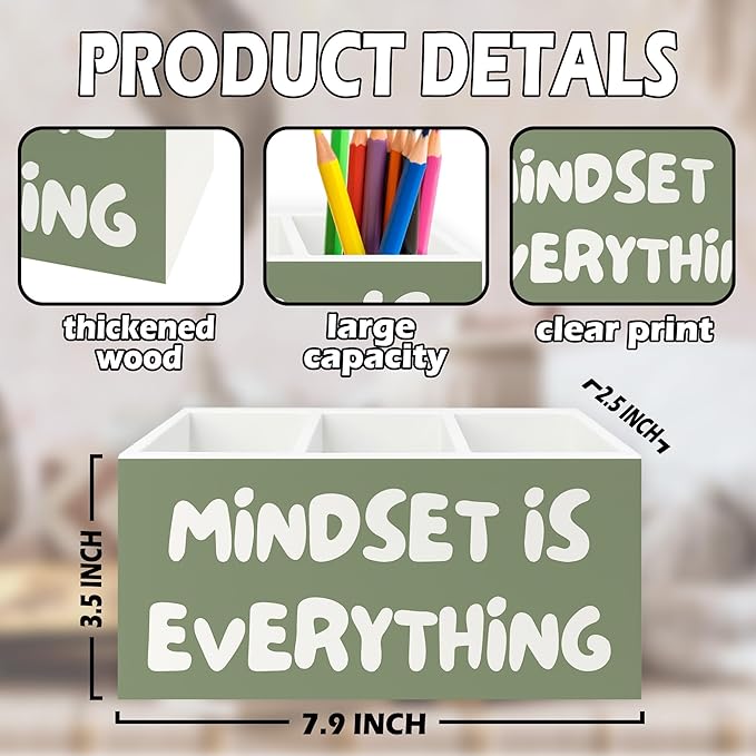 XPH Green Inspirational Pen Pencil Holder Organizer for Desk, Inspirational Gifts for Women, Mindset Is Everything Motivational Wooden Box Sign for Home Office Desk Tabletop Decorations