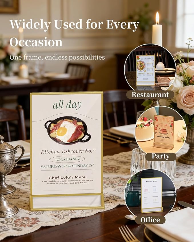 Dynta Acrylic Sign Holder 5x7in Double-Sided Display Stand with Gold Frame Clear Table Sign Holders for Wedding Party Restaurants Home Office(8 Pack)