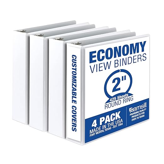 Samsill 2 Inch 3 Ring Binders, Made in USA, Economy Round Ring, Clear View Cover, 425 Sheet Capacity - for School, Home, Office - White, 4 Pack