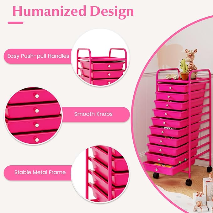 GLACER 10 Drawers Rolling Cart, Storage Cart with w/Removable Drawers & Steel Frame, Utility Mobile Trolley w/Universal Casters & 2 Brakes, Organizer Cart for Home, School, Office (Hot Pink)
