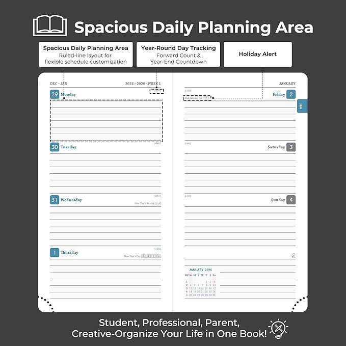 IN-LUXPRO Planner 2026 Daily Weekly and Monthly,6.5"x3.75",12 Months Spiral Bound Calendar Agenda with Self-adhesive Pen Holder,2026 Appointment Book with Vegan Leather Soft Cover,Black