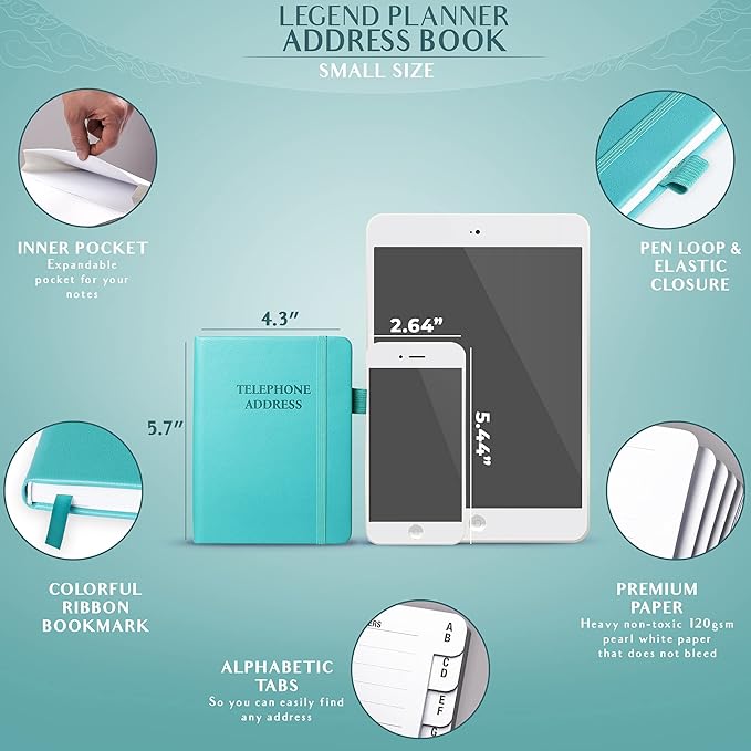 Legend Planner Address Book with Alphabetical Tabs – Mini Telephone Contacts Book for Phone Numbers, Addresses, Passwords, Small (Turquoise)