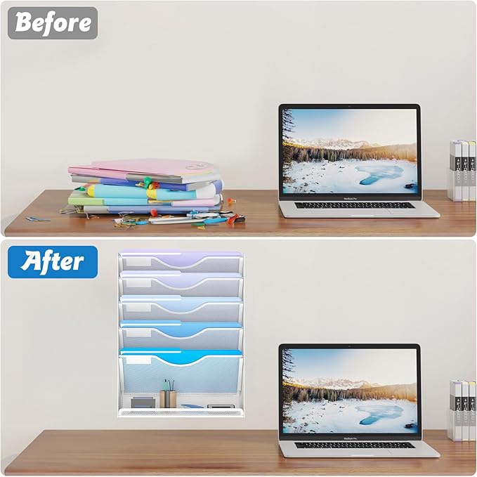 Gawerk 6 Tier Hanging File Organizer, Mesh Wall File Holder Paper Folder Rack with Bottom Flat Tray for Office Home, White