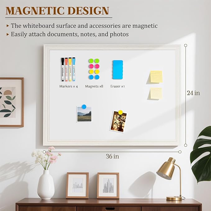Large White Board for Wall, 36'' x 24'' Magnetic Dry Erase Board, Decorative Whiteboard, White Vintage Wooden Frame