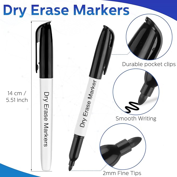 Thenshop 200 Pack Dry Erase Markers Bulk with 4 Magnetic Erasers Fine Tip Dry Erase Markers Whiteboard Pens Bulk for Office Supplies(Black)