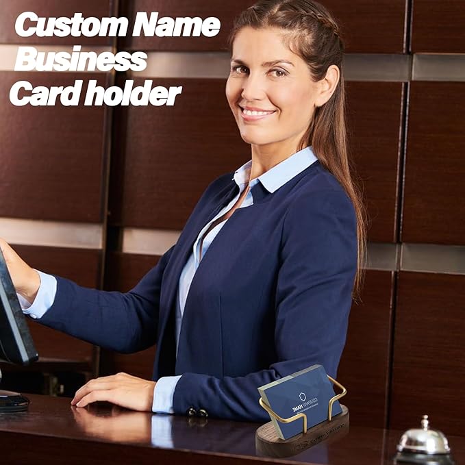 HJX Custom Business Card Holder Desk-Personalized Engraved Wooden Business Card Case Holder, Customized Name Logo Business Card Display Gifts for Men Women (Style2-Black)