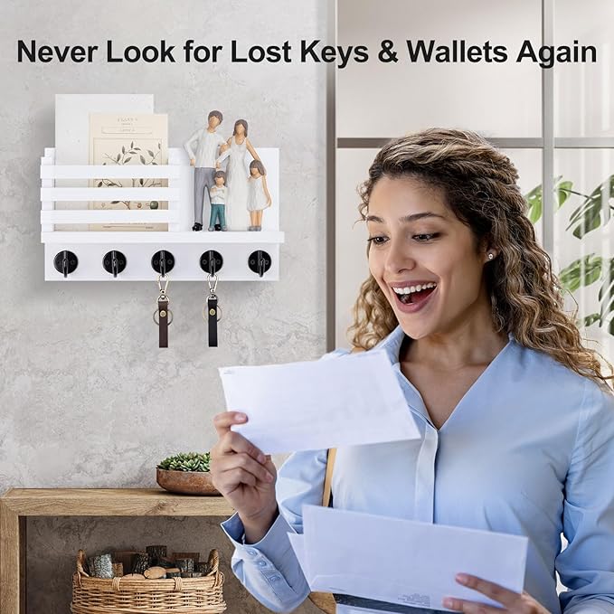 Lwenki Key Holder for Wall – Decorative Wooden Mail Holder and Key Shelf with Mounting Hardware, Installation Guide – Paulownia Wood with 5 Metal Key Hooks (11.8” x 6.7” x 2.8”)
