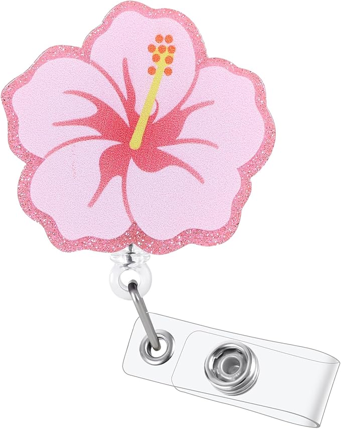 Cute Hibiscus Flower Badge Reel, Retractable ID Card Pink Badge Holders, Work Badge Clip for Pediatric ED ER RN CNA LPN MA PT OT Therapists HR Social Workers Nurses Doctor Teachers Nursing Student