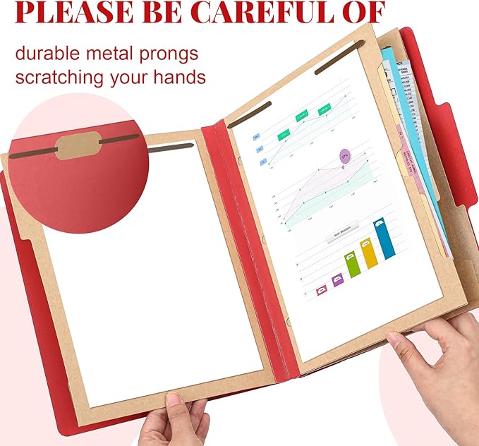 12 Pcs Classification Folders Letter Size 3 Pocket Dividers Employee File Folder with 2 Prongs Fasteners, 2 in Expansion Heavy Duty Pressboard File Holder for School Office Medical Document(Red)