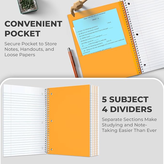Rosmonde 720 Packs (Pallet) 5 Subject Notebooks, Spiral Notebook Bulk, College Ruled,Pallet of Notebooks,150 Sheets (300 pages), 8 x 10-1/2", Bulk Spiral Notebooks for School & Office,4-7 Days Transit