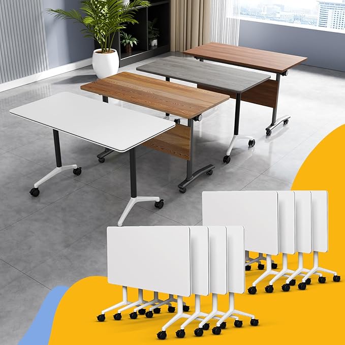 Conference Table Flip Top Mobile Conference Room Tables,Folding Conference Table with Wheels,Large Meeting Training Seminar Table Saving Space for Office Classroom (8, White, 55.1'')
