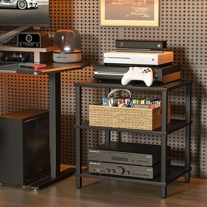 3-Tier AV Media Player Stand, Stereo Cabinet, Modern Stereo Cabine,Game Console Shelf,Wooden TV Stand,Multifunctional Entertainment Center, Suitable for Home, Conference Room, Game Studio,Black