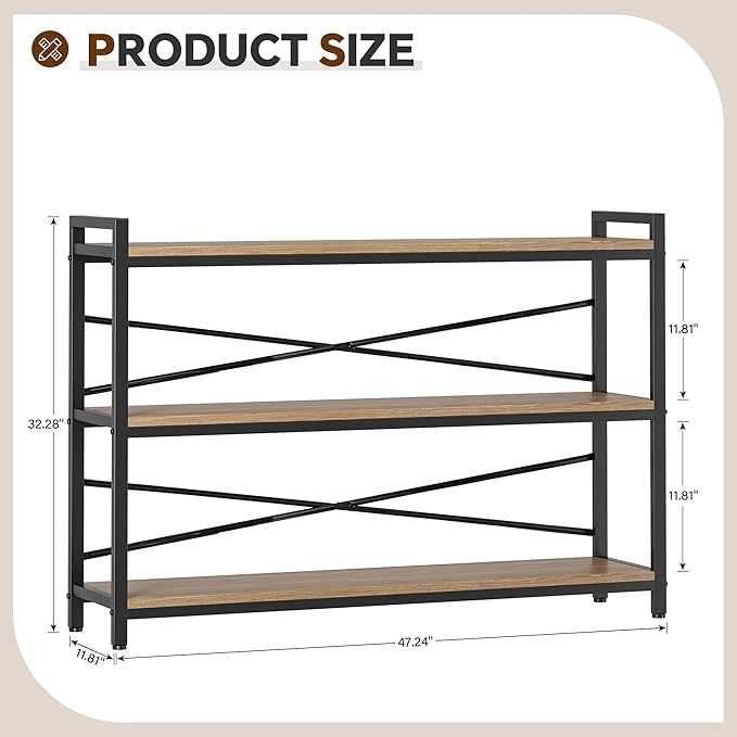 3 Tier Bookcase 47.24" Width, Long Industrial Book Shelf, Vintage Wooden Large Book Shelf for Home Living Room Bedroom Office Storage(Light Coffee)
