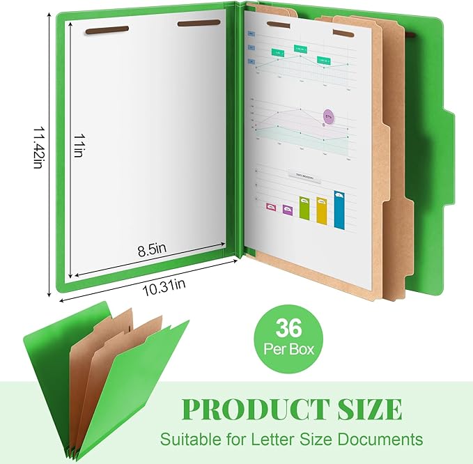 Skyygemm 36 Pcs Classification Folders Letter Size, 2 Divider Pressboard File Folders with 3. 5 Inch Expansion, 2 Prongs Fastener, Heavy Duty Office File Organizers for Teachers, Medical (Green)