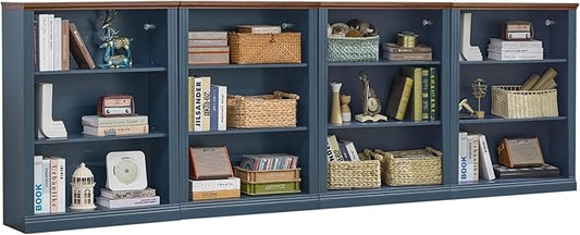 RWYHG 43" Blue Tall Bookshelf Set of 4,3-Tier Thick Wooden Book Shelf with Adjustable Shelves,Free Standing Farmhouse Bookcase with Open Display Storage,Floor Vintage Bookshelves for Living Room