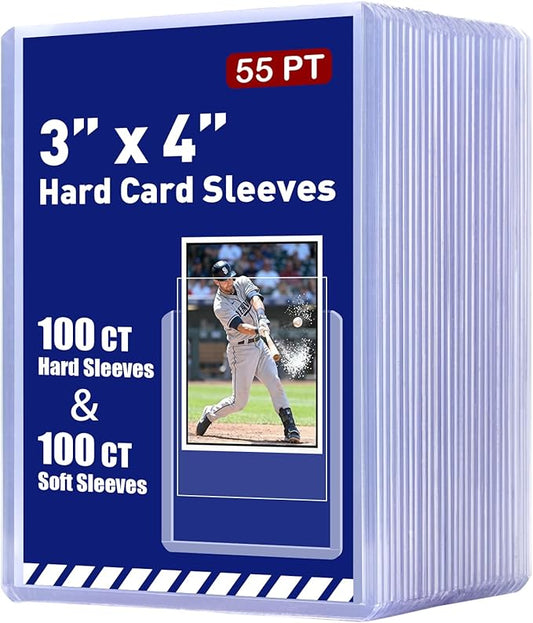 200ct 55pt 3" x 4" Hard Plastic Card Protector - 100ct Hard Card Sleeves and 100ct Soft Card Sleeves for Trading Cards, Clear Open-Top Card Holder, Fits Standard Trading, Baseball, Sport, Game Cards