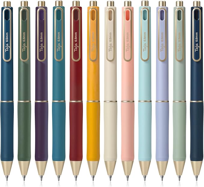 Taja Gel Pens, 12 Pcs Quick Dry Black Gel Ink Pens, 0.5mm Fine Point Smooth Writing Pens for Journaling and Note Taking, Cute Aesthetic Pens for Women & Men-Multicolor