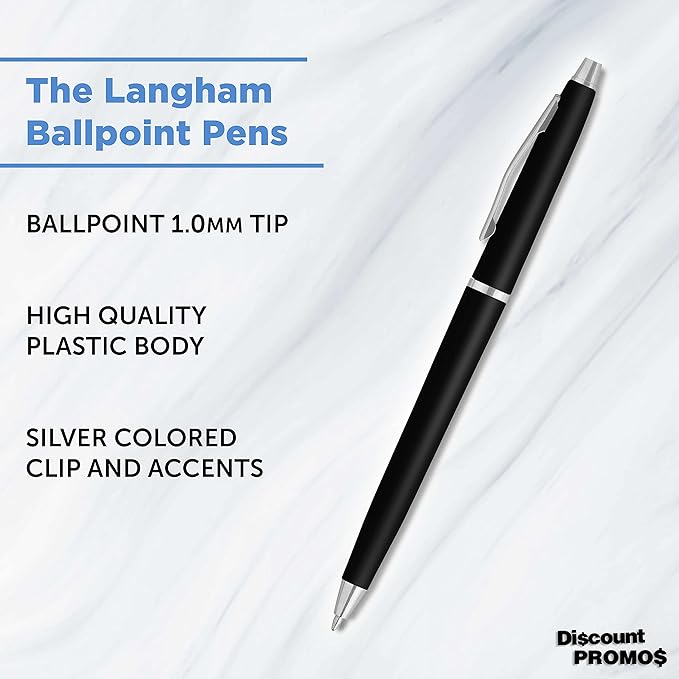 DISCOUNT PROMOS Langham Ballpoint Pens Set of 10, Bulk Pack - Black Ink, Great for Office, School, Business, Tradeshows - Black