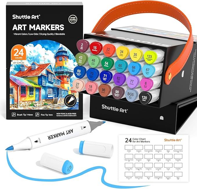 Shuttle Art Brush Tip Alcohol Markers, Dual Tip Brush & Fine Tip Art Marker Set, 24 Colors Marker Pens with Case Perfect for Illustration Kids Students Adults Coloring Sketching