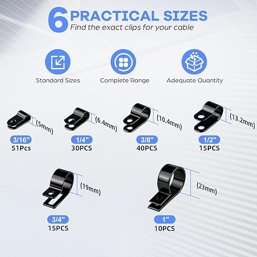 JORREP 322PCS Black Cable Clips R-Type Nylon Wire Clips Assortment Kit 6 Sizes 3/16" 1/4" 3/8" 1/2" 3/4" 1" Cable Clamps with M4 Screws for Wire Managemen, Office, Garage