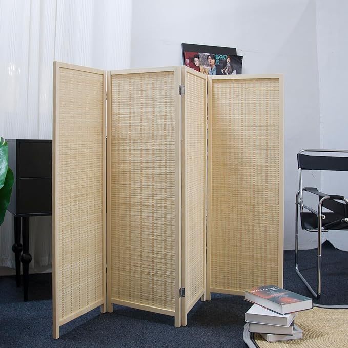 Furnnylane 4 Panel Short Room Divider Screen,Beige Freestanding Partition,Small Bamboo Panel Divider for Room Seperation,3.95 FT Tall