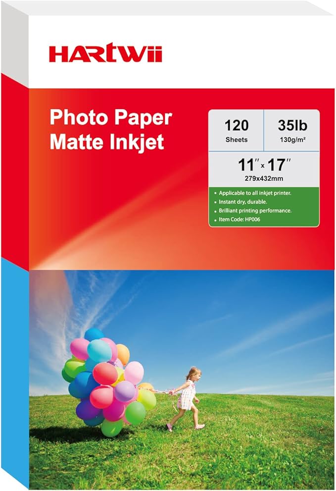 HARTWII 120 Sheets Thin Matte Presentation Photo Paper tabloid paper 11x17 inches 35lb 130gsm 6.5 Mil A3 for Dye Ink Inkjet Printer