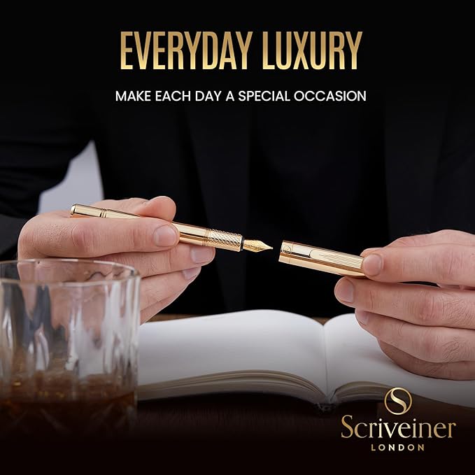 Scriveiner Gold Luxury Fountain Pen (Medium) - Award Winning - Heavy Pocket Stunning Luxury Pen, Real Gold Plating, German Nib & Converter, Nice Gift Pens for Men & Women