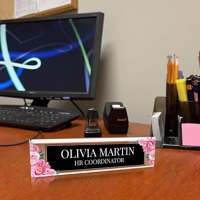 Signs ByLITA Floral Pattern Customized Nameplate | Midnight Bloom Personalized Full Color Acrylic Desk Sign