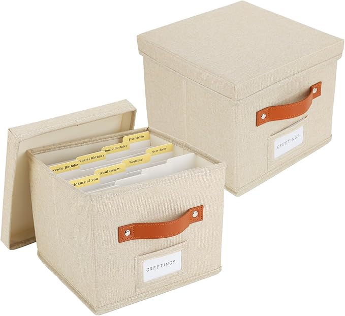 TARSUKA Greeting Card Organizer with dividers - Storage Box with lid Holds 150+ Cards - Assortment Box for Greeting Cards,Recipes, Photos, Envelopes, Keepsake - 9 x 9 x 7 Inches (Beige, 2 pcs)