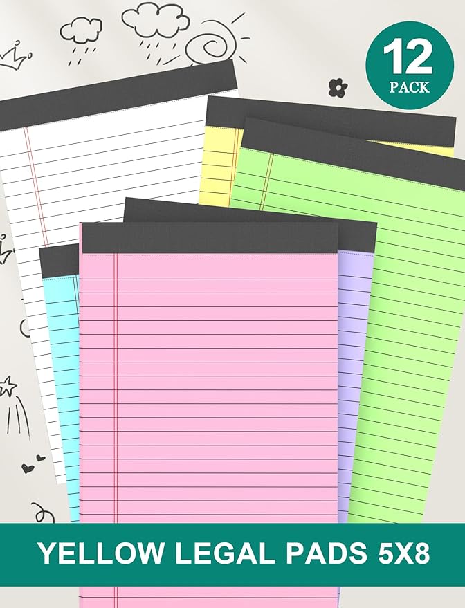 AIFLYAN 12 Pack Legal Pads 5x8 Inch Colorful Note Pads for Writing NotePads，Narrow Ruled Small Notepad 5x8 inch Legal Pad,30 Sheets Per Notebook Writing Pad for Study, Office, to-Do Lists(Multicolor)