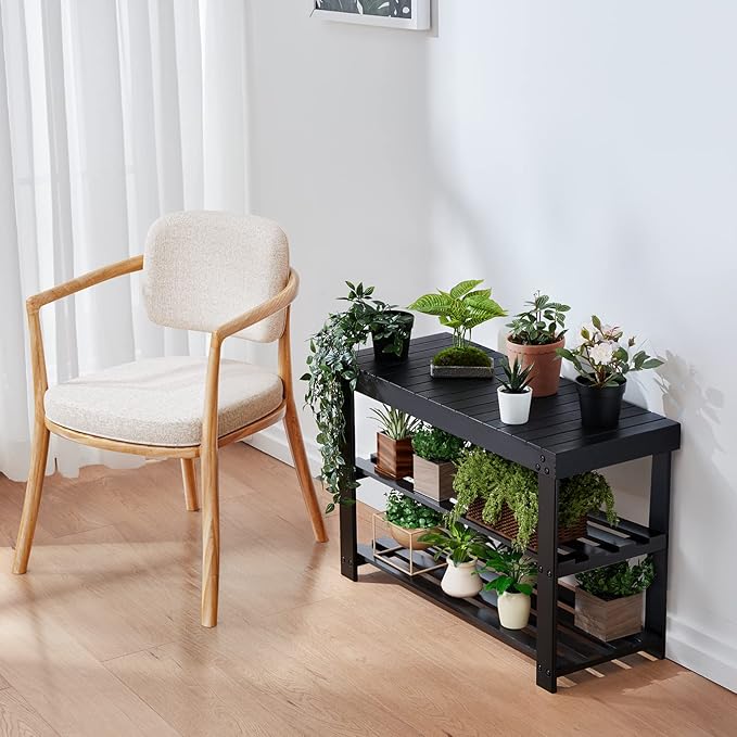 Pipishell Bamboo Shoe Rack Bench, 3 Tier Sturdy Shoe Organizer, Storage Shoe Shelf, Holds up to 300lbs for Entryway Bedroom Living Room Balcony, Black