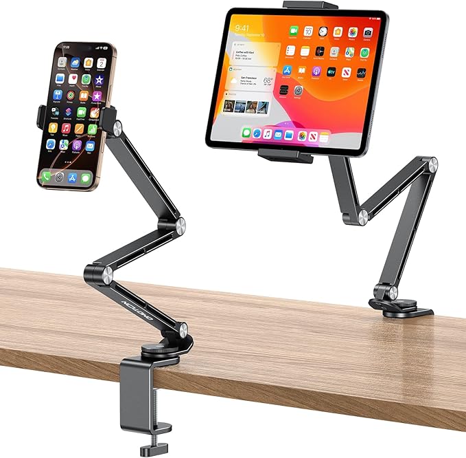 OMOTON Adjustable Tablet Stand for iPad, Desk Phone Holder for Bed with 2 Clamps, Flexible Aluminum Alloy Mount with 360° Rotation for 4-13" Devices (Black)