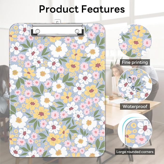 Luminzo Plastic Cute Clipboard Low-Profile Metal Clip, A4 Letter Size 9 x 12.5 in, 8.5 x 11 Paper Clip Board for Teachers, Nurses, Classroom,Daisy