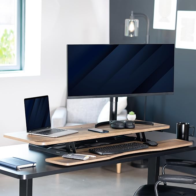 VIVO 42 inch Desk Converter, K Series, Height Adjustable Sit to Stand Riser, Dual Monitor and Laptop Workstation with Wide Keyboard Tray, Reclaimed Wood Top, Black Frame, DESK-V042KP