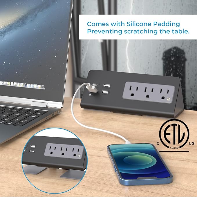 Nightstand Charging Station, Nightstand Edge Power Strip with 3 AC Outlets, 4 Fast Charging USB Ports, Connect 6.56FT Flat Plug, Desk Surge Protector for Office Home Hotel, 2-Pack(Black/White)